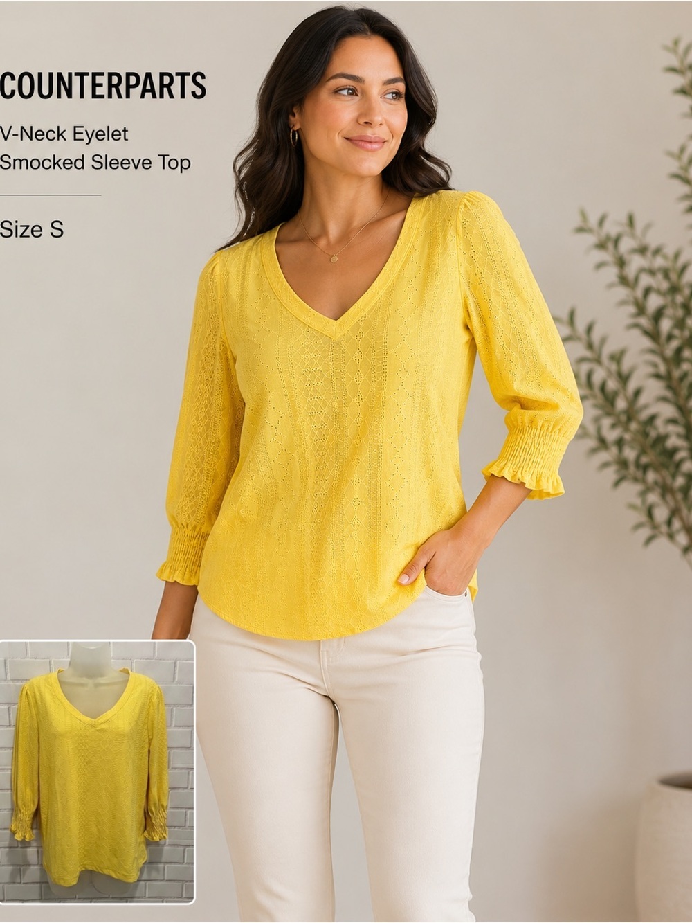 COUNTERPARTS women feminine coquette  short sleeve yellow casual blouse/size S
